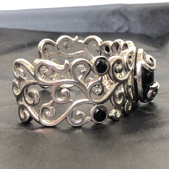 BARSE Sterling Silver Scroll Filigree Overlay Black Onyx Cabochon Cuff Bracelet - Picture 12 of 15